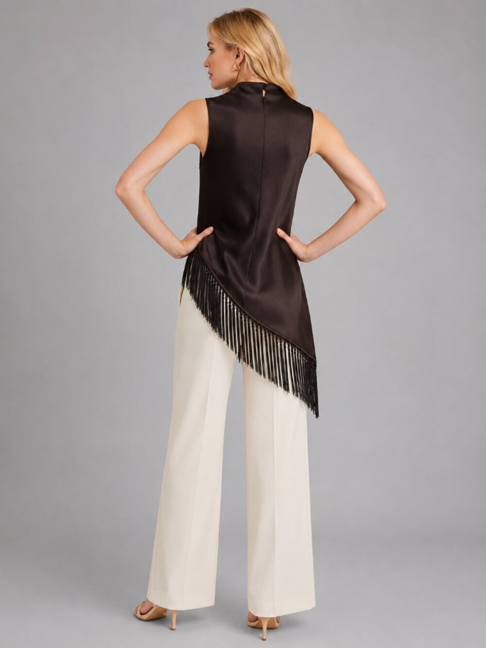 Women's Chocolate Satin Mock Neck Blouse Sleeveless Fringe Asymmetrical Silk Top